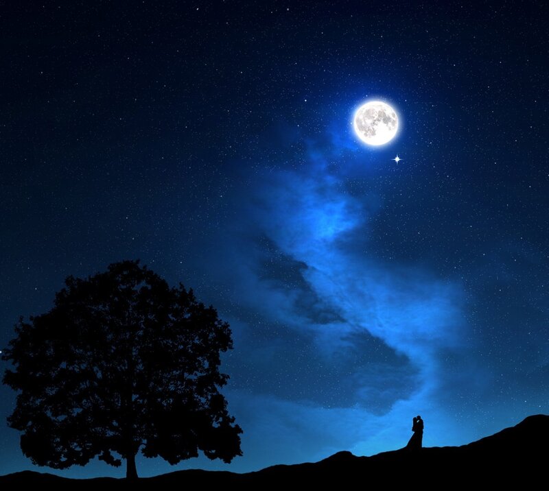Couple Embracing under Moon — Blue, Serene