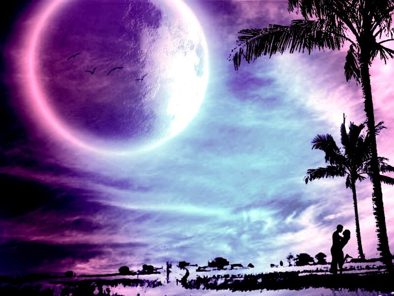 Couple Embracing under Moon — Purple, Dramatic
