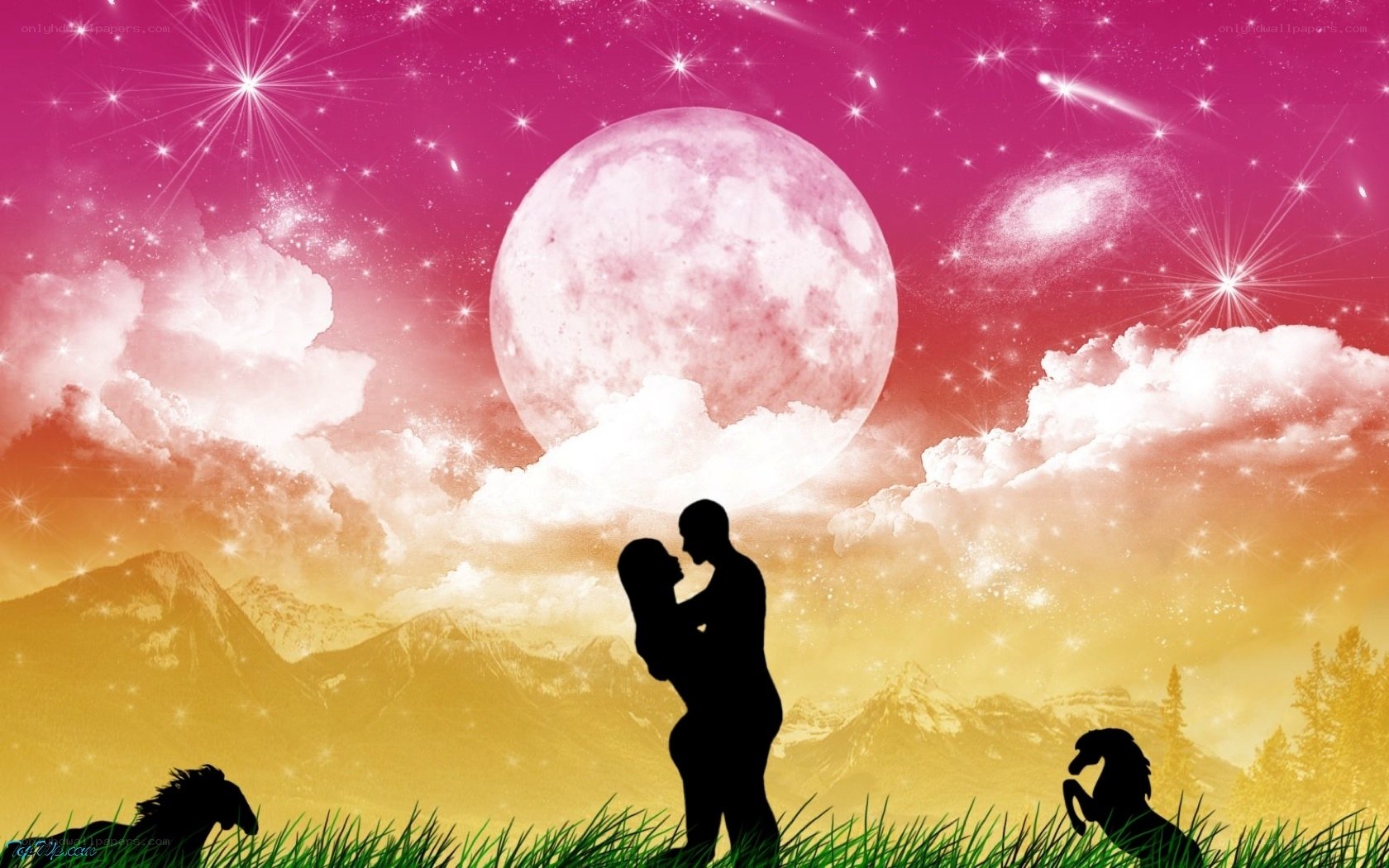 Couple embracing under starry sky