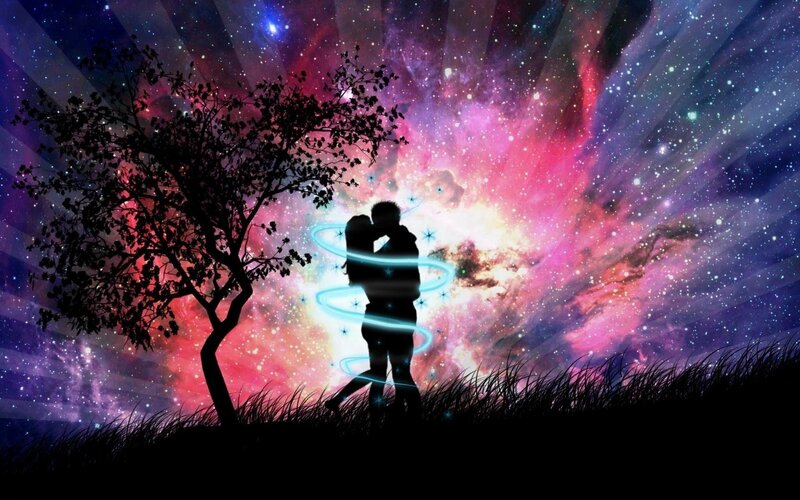 Couple Embracing under Stars — Purple, Romantic, Night, Digital Art, Tree, Grass