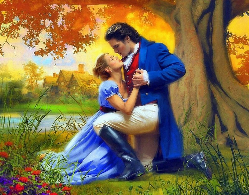 Couple Embracing under Tree — Blue, Romantic