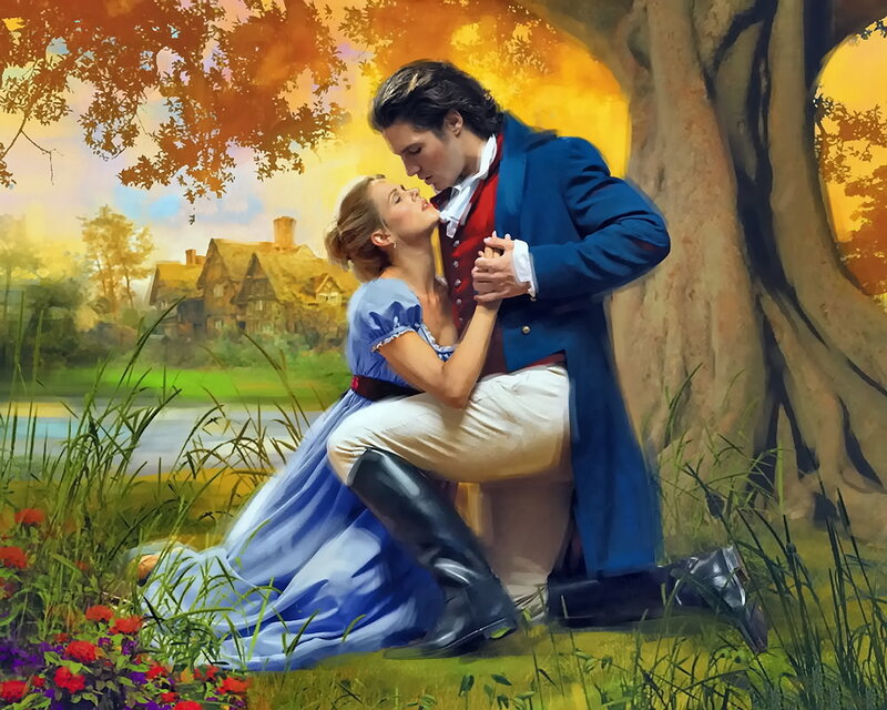 Couple Embracing under Tree — Blue