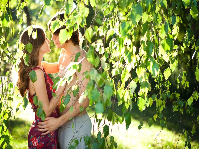 Couple Embracing under Tree — Green, Romantic, Afternoon