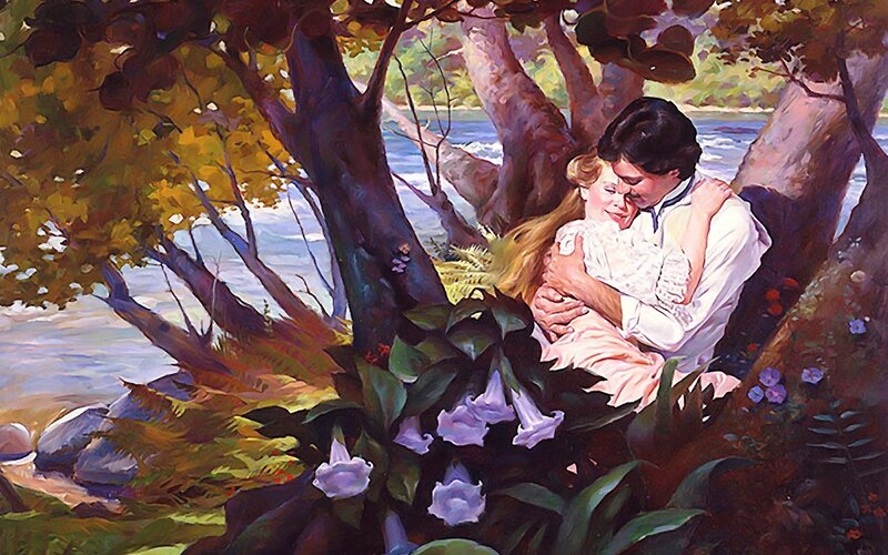 Couple Embracing under Tree — Green