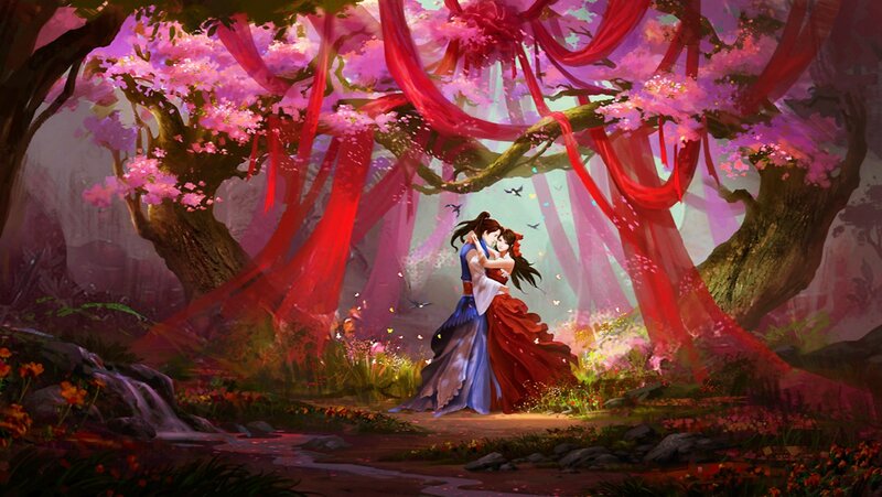 Couple Embracing under Trees — Pink