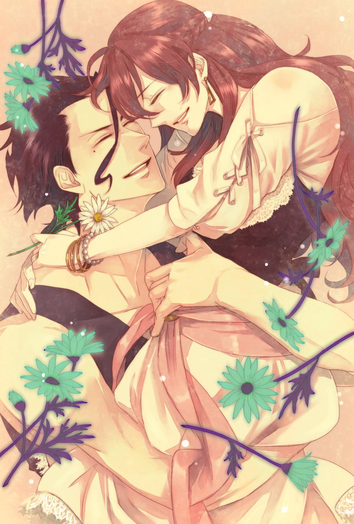Couple embracing with flowers