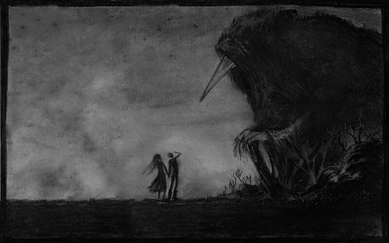 Couple facing giant bird