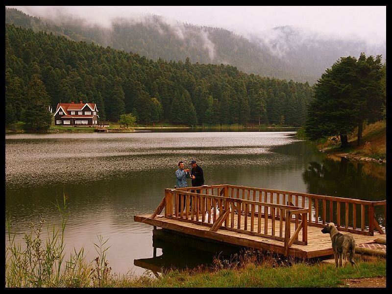 Couple fishing on a lake dock