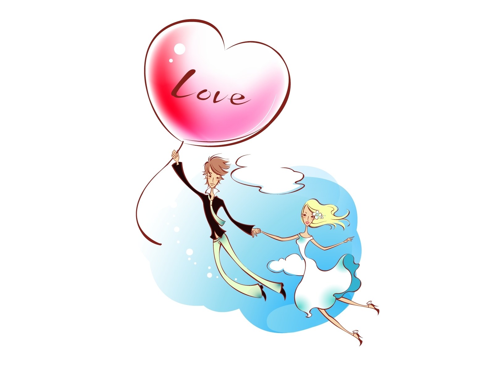 Couple flying with love balloon