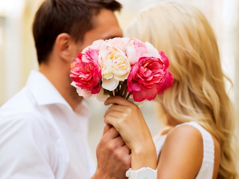 Couple Holding Flowers — Pink, Romantic