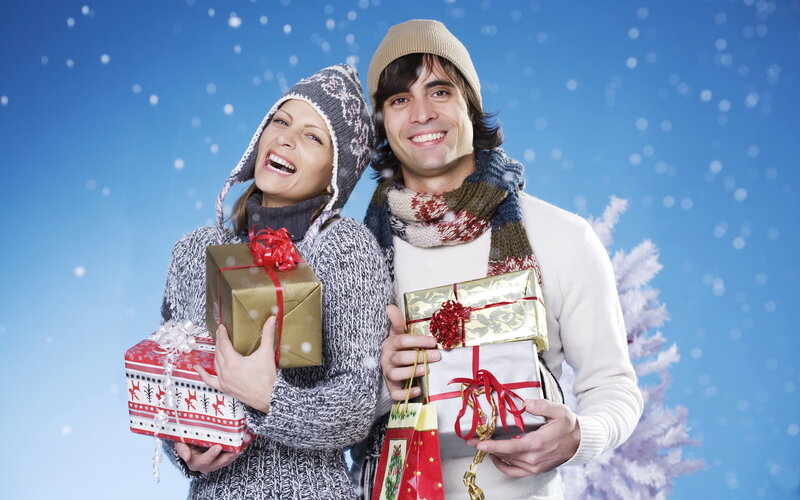 Couple Holding Gifts — Blue, Festive