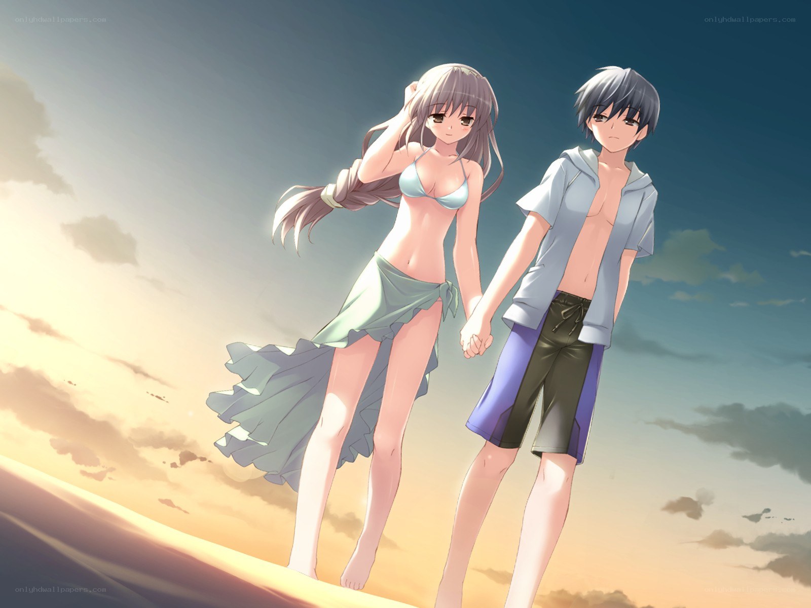 Couple holding hands at sunset