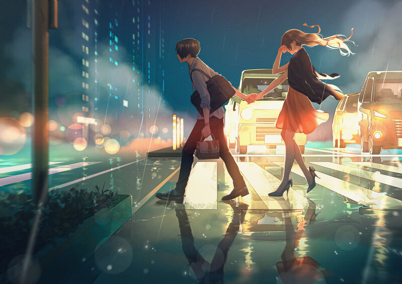 Couple Holding Hands — Blue, Dramatic, Night, Digital Art, Rain