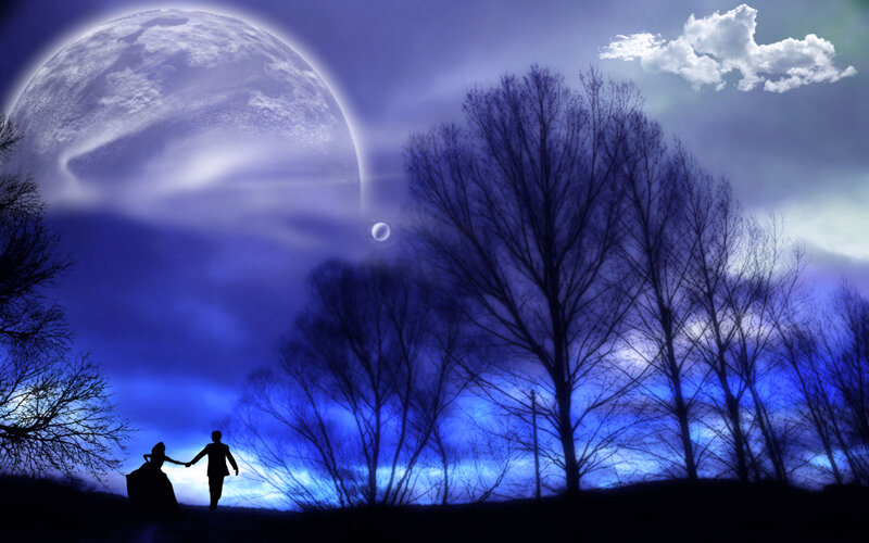 Couple Holding Hands — Blue, Dramatic, Night, Digital Art