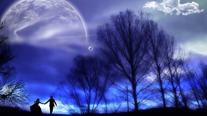 Couple Holding Hands — Blue, Dramatic, Night, Digital Art, Trees