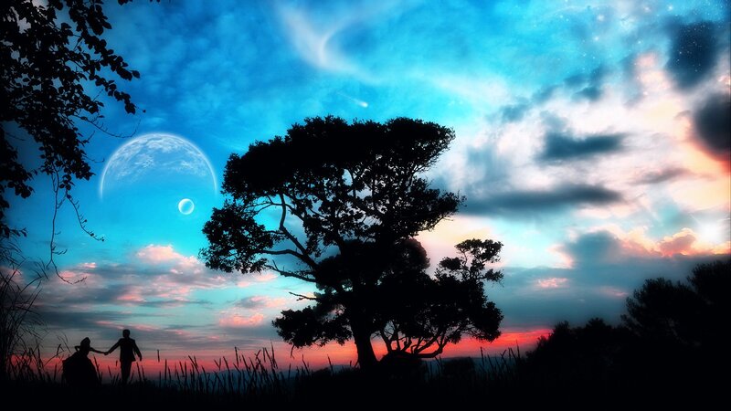 Couple Holding Hands — Blue, Dramatic, Sunset