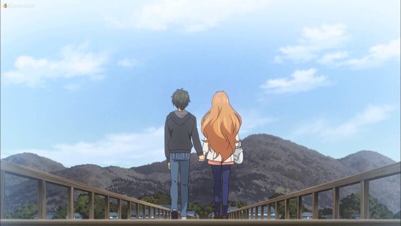 Couple Holding Hands — Blue, Serene, Afternoon, Anime, Bridge