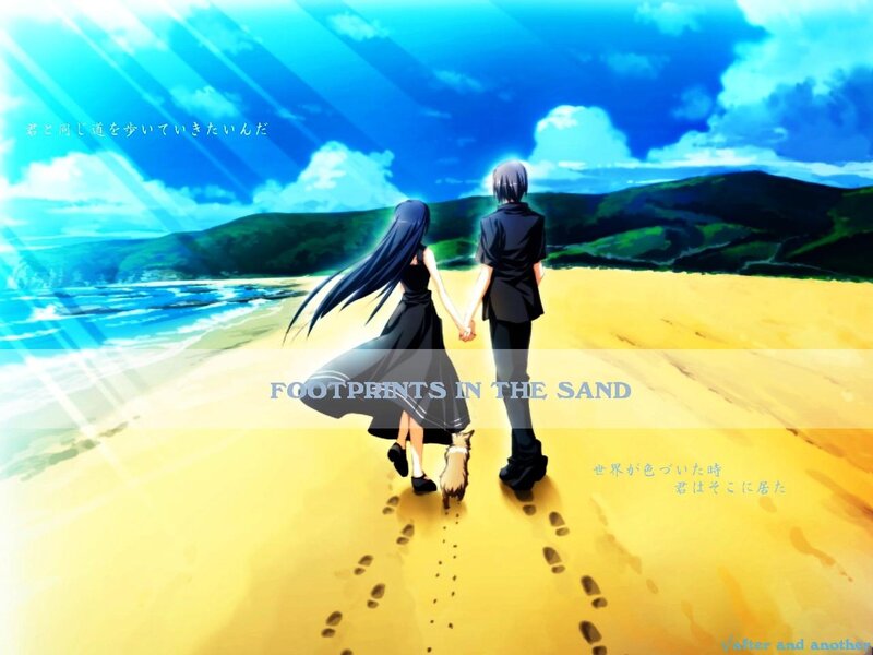 Couple Holding Hands — Blue, Serene, Afternoon, Anime
