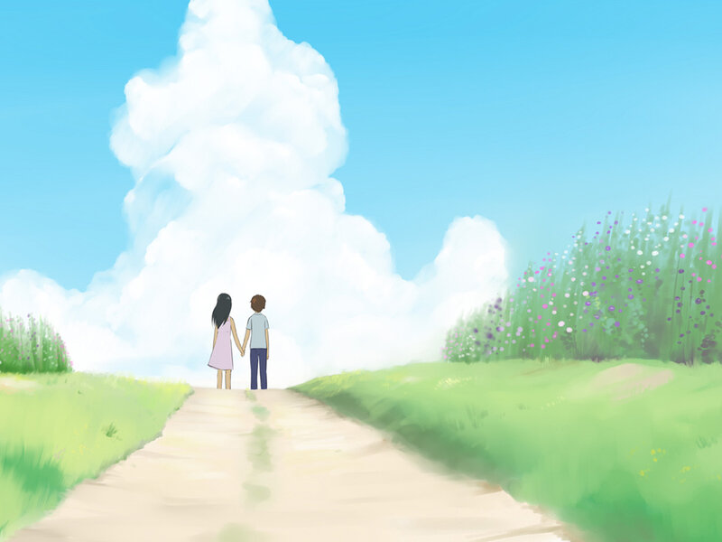 Couple Holding Hands — Blue, Serene, Afternoon, Digital Art