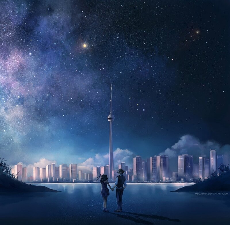 Couple Holding Hands — Blue, Serene, Night, Digital Art, City Skyline