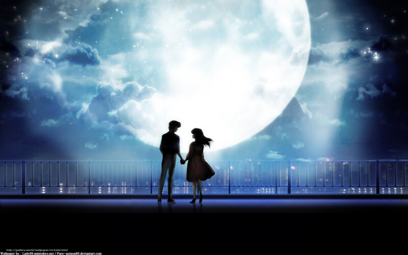 Couple Holding Hands — Blue, Serene, Night, Digital Art, Moon