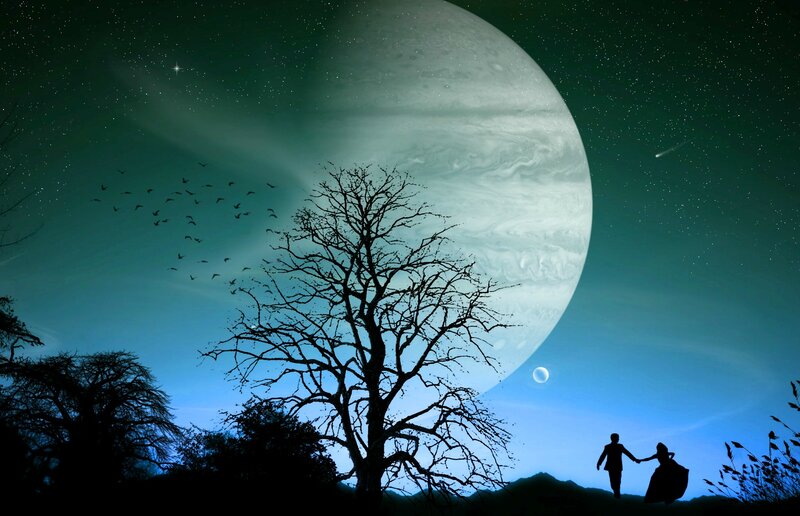 Couple Holding Hands — Blue, Serene, Night, Digital Art