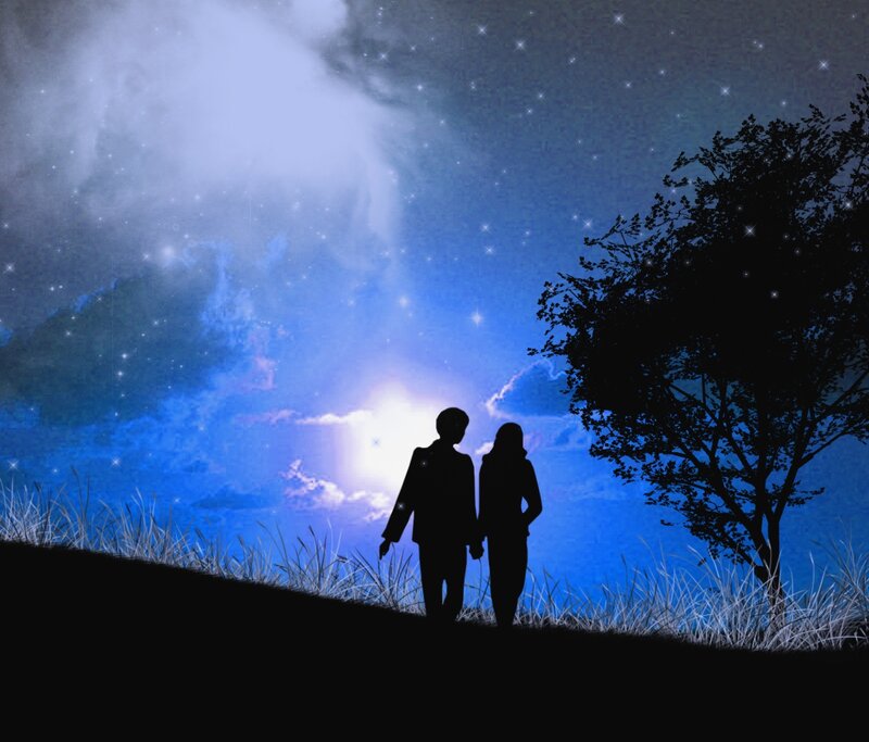 Couple Holding Hands — Blue, Serene, Night, Digital Art, Tree