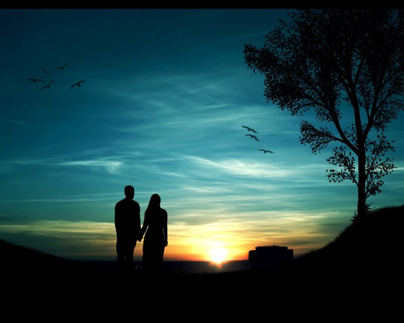 Couple Holding Hands — Blue, Serene, Sunset, Digital Art