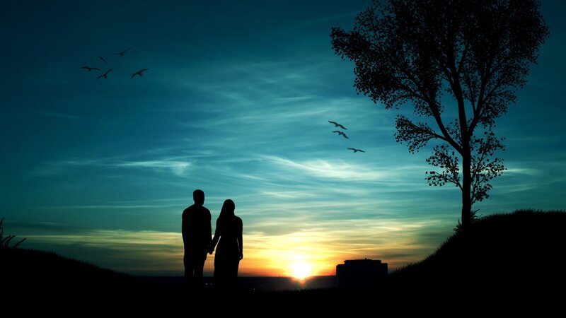 Couple Holding Hands — Blue, Serene, Sunset, Digital Art, Tree, Birds