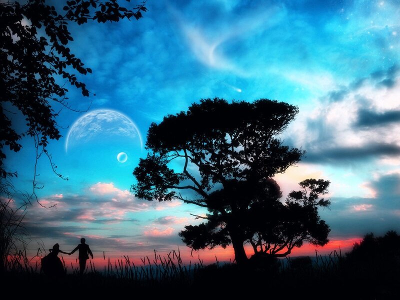 Couple Holding Hands — Blue, Serene, Sunset, Digital Art, Tree