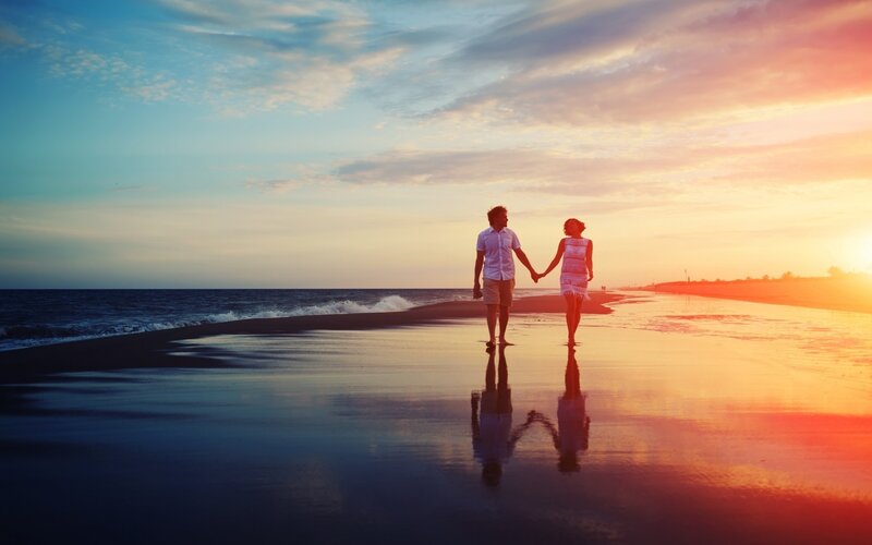 Couple Holding Hands — Blue, Serene, Sunset, Photograph, Beach