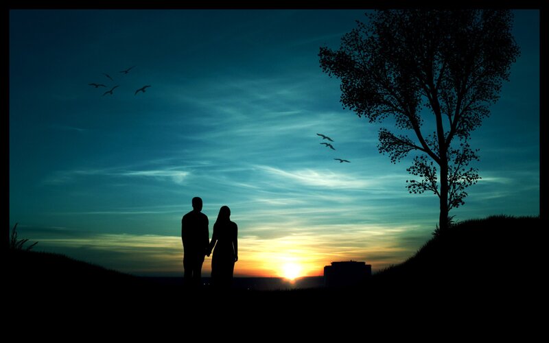 Couple Holding Hands — Blue, Serene, Sunset, Photograph, Tree