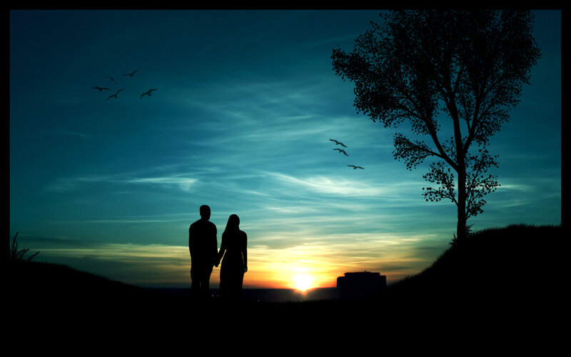 Couple Holding Hands — Blue, Serene, Sunset