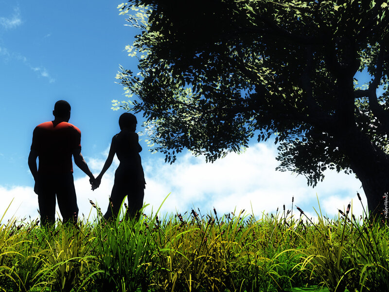 Couple Holding Hands — Green, Serene, Afternoon, Digital Art, Tree