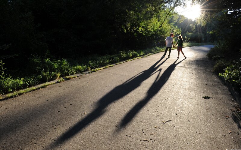 Couple Holding Hands — Green, Serene, Sunset, Photograph, Road