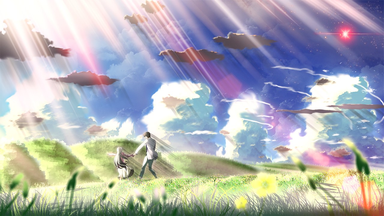 Couple holding hands in a field