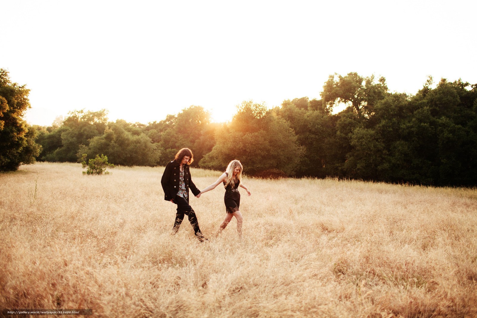 Couple holding hands in field