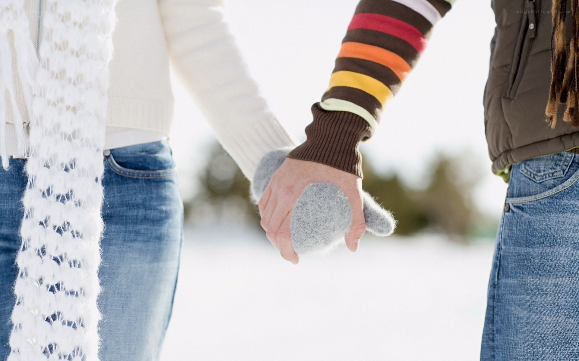 couple holding hands in snow