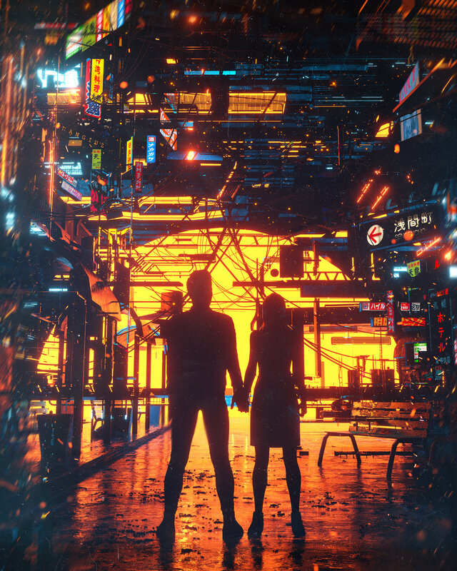 Couple Holding Hands — Orange, Dramatic, Night, Digital Art