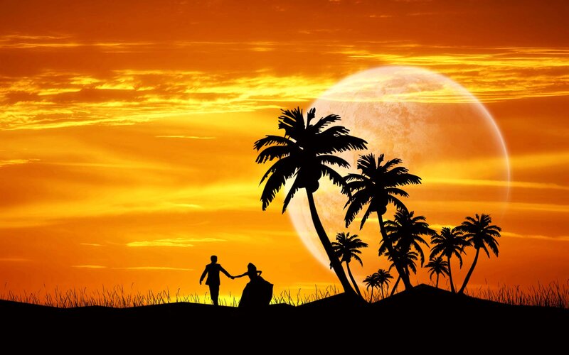 Couple Holding Hands — Orange, Serene, Sunset, Digital Art, Palm Trees