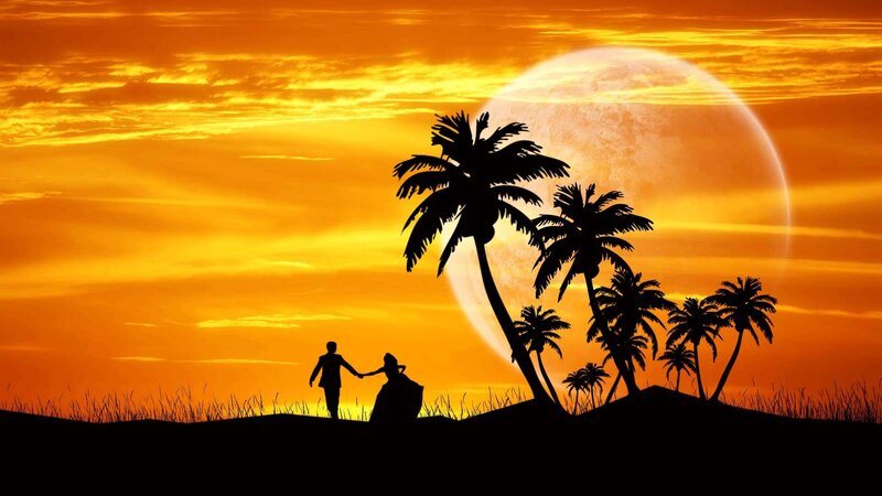 Couple Holding Hands — Orange, Serene, Sunset, Digital Art