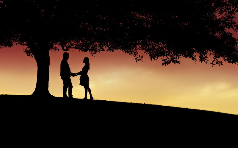 Couple Holding Hands — Orange, Serene, Sunset, Photograph, Tree