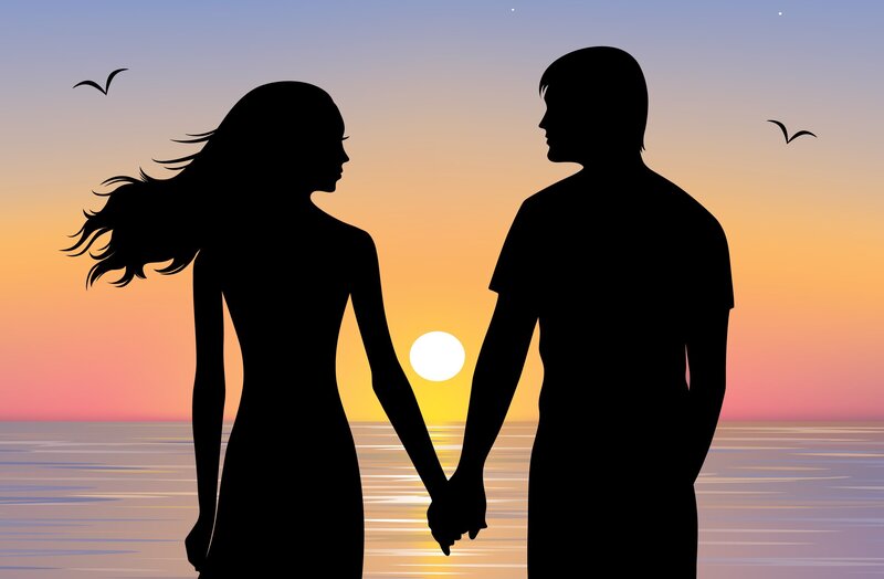 Couple Holding Hands — Orange, Serene, Sunset, Vector Art
