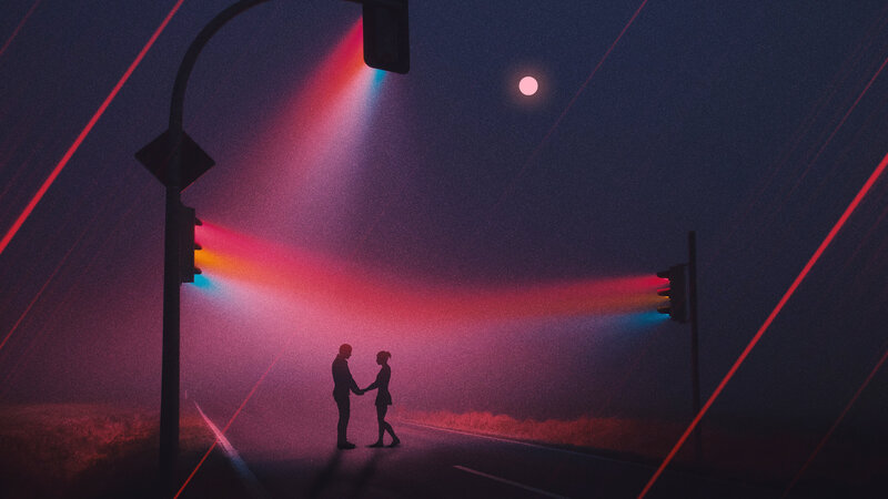 Couple Holding Hands — Purple, Dramatic, Night, Digital Art