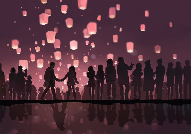 Couple Holding Hands — Purple, Serene, Night, Digital Art, Lanterns, Silhouettes