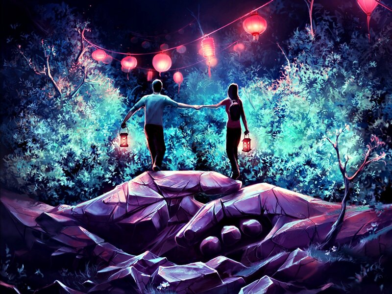 Couple Holding Hands — Purple, Serene, Night, Digital Art, Lanterns