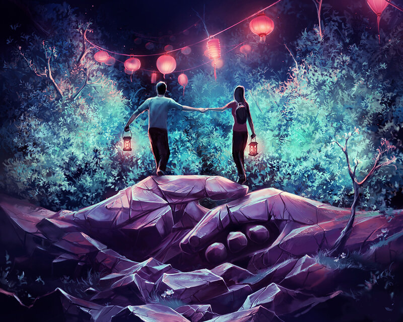 Couple Holding Hands — Purple, Serene, Night, Digital Art