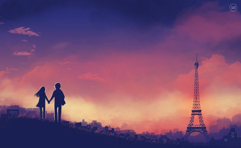 Couple Holding Hands — Purple, Serene, Sunset, Digital Art