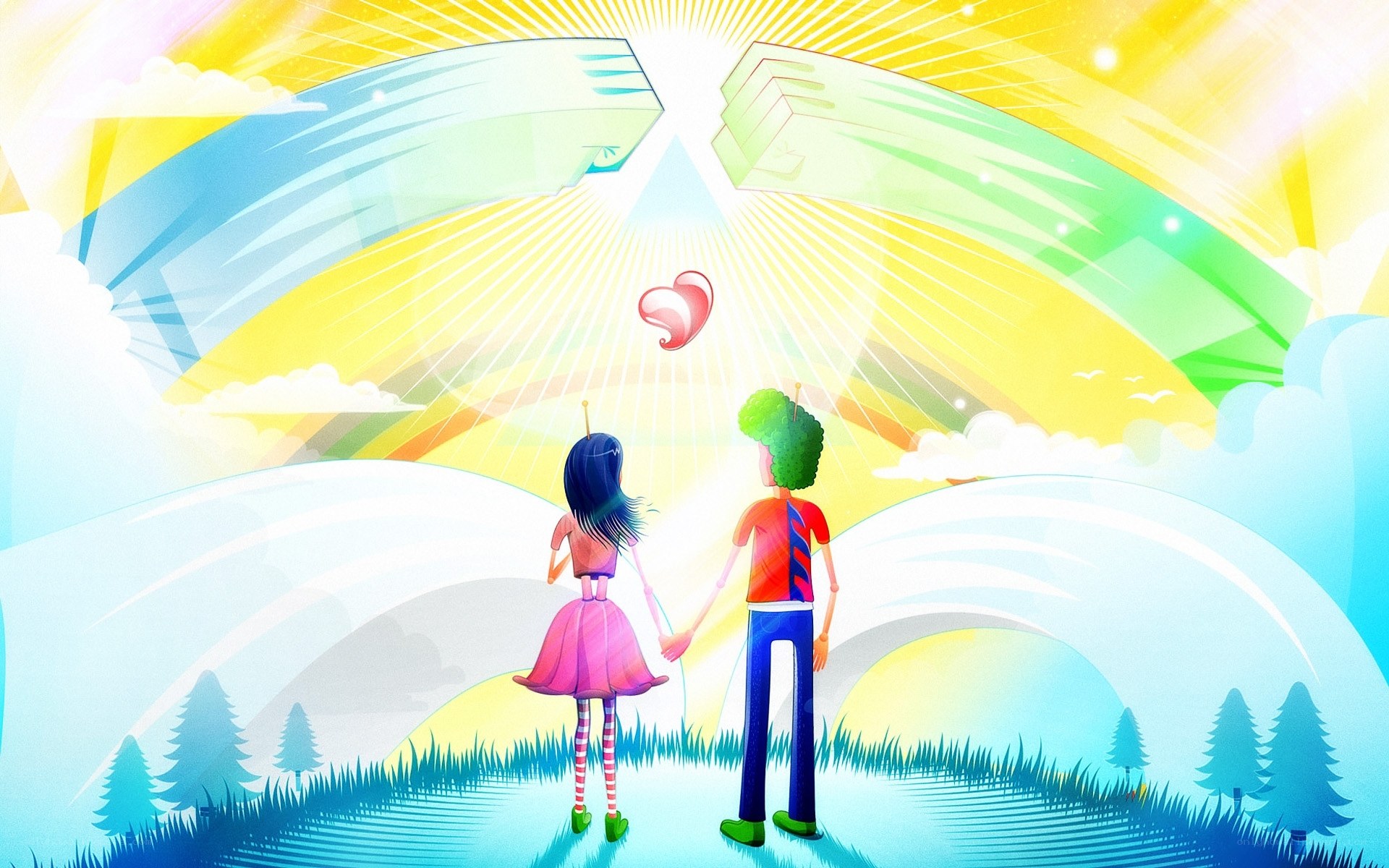 Couple holding hands under rainbow