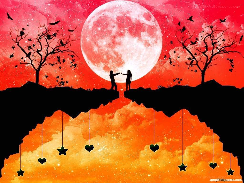 Couple holding hands under red moon